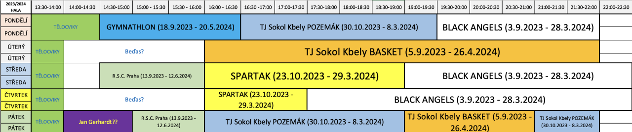 rozvrh pravidelných kroužků  na hale